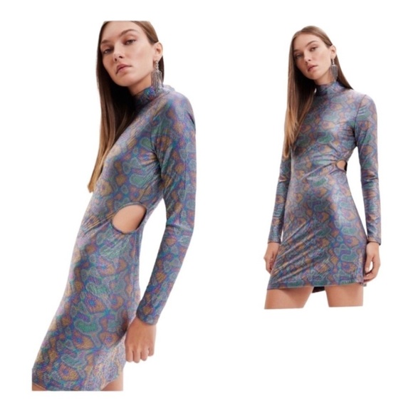 NWT DESIGUAL Metallic Snake Print Long Sleeve Cutout Mini Dress Medium - Picture 1 of 10